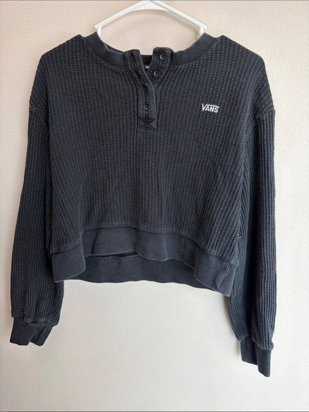 Vans Women's Black Waffle Henley Cropped Pullover - Picture 9 of 10